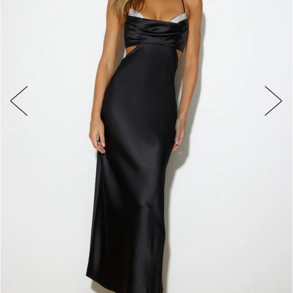 Long black evening dress 100%polyester with rhinestone accents